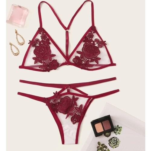 Erotic Lingerie Set Bra Red Flower Embroidered Applique Lace Sleeveless Sexy V Neck+Thong Briefs Underwear Women Bielizna Damska