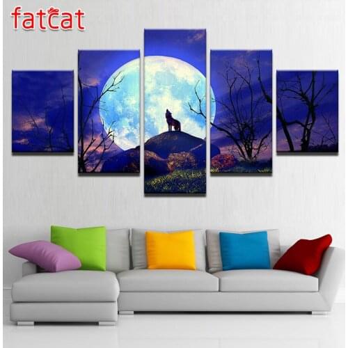 FATCAT Diy Diamond Painting 5 Piece Moon Night Forest Animal Wolf full Square Round Diamond Embroidery Sale Art Decor AE774