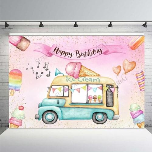 Ice Cream Girl Happy Birthday Backdrop Pink Music Bus Child Party Golden Shining Point Photography Background Decoration Banner