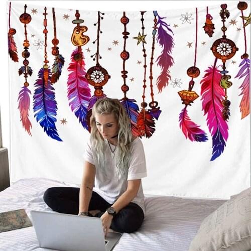 Ethnic Dreamcatcher Pattern Tapestry Wall Hanging Feather Tassel Printed Polyester Tapestry Decor Home Living Room Background