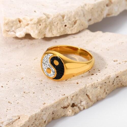 Super Hot Sparkling Zircon Yin Yang Ring 18K Gold Plated Stainless Steel Black White Bagua Ta Chi Ying Yang Ring