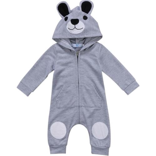 Cute Bear Newborn Infant Baby Boy Girl Zip up Cartoon Bear Hooded Romper Jumpsuit Clothes Outfit Pocket Deco Winter Warm Clothes