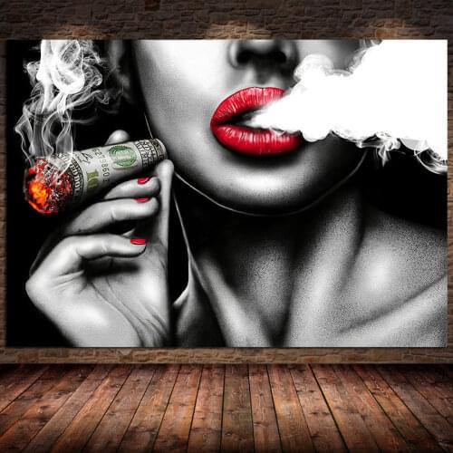 Red Lips Smoking Characters Vintage Canvas Painting Women Posters and Prints Wall Art for Living Room Bedroom Cuadros Unframed