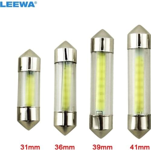 LEEWA 200PCS White Car Interior Glass Lens Case C5W Festoon Dome COB 12 Chips LED Light 31/36/39/41mm Reading Light DC12V