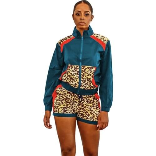 Leopard Patchowrk Two Piece Set Tracksuit Women Long Sleeve Zip Jacket Top and Shorts Sweat Suits 2 Piece Outfits Matching Sets
