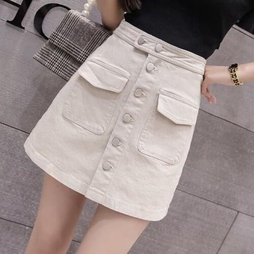 Summer Womens Ladies A-line Pencil Jeans Skirt Front Button High Waist Denim Small Pockets Sexy buttocks Mini Skirt Black White