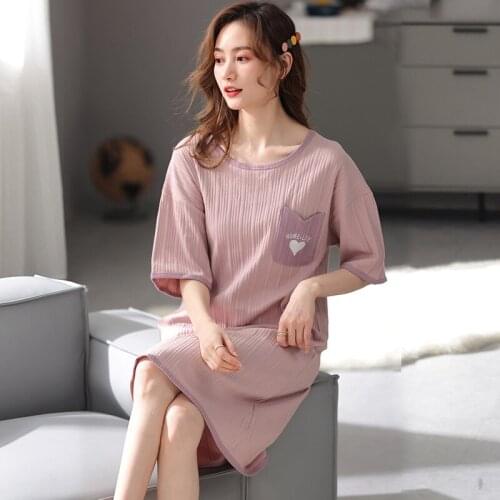 Pajamas Womens Summer Pure Cotton Fresh Student Loose Nightdress Plus Size Home Wear Womens Solid Color Sexy Nightdress Women