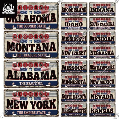 Putuo Decor American States Licenses Plate Plaque Metal Tin Sign Decorative Car Plate for Living Room Door Club Garage Decor