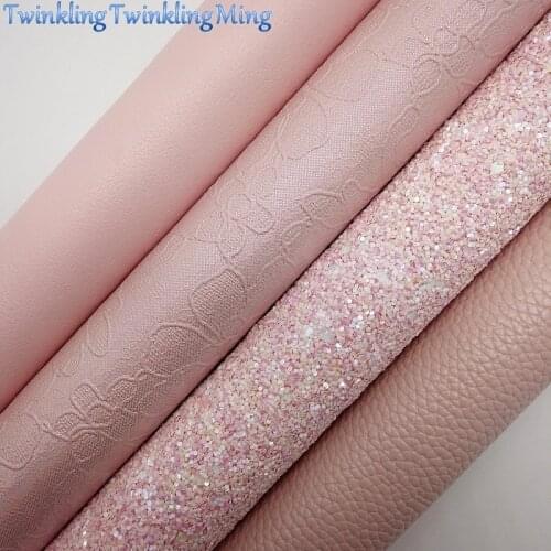 PINK Glitter Fabric, Litchi Faux Leather, Lace Embossed Synthetic leather Sheets For Bow A4 21x29CM Twinkling Ming XM999