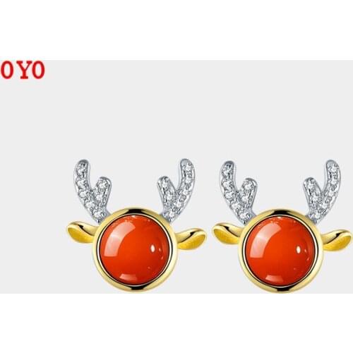 S925 silver earrings cute sen series southern red agate elk earrings