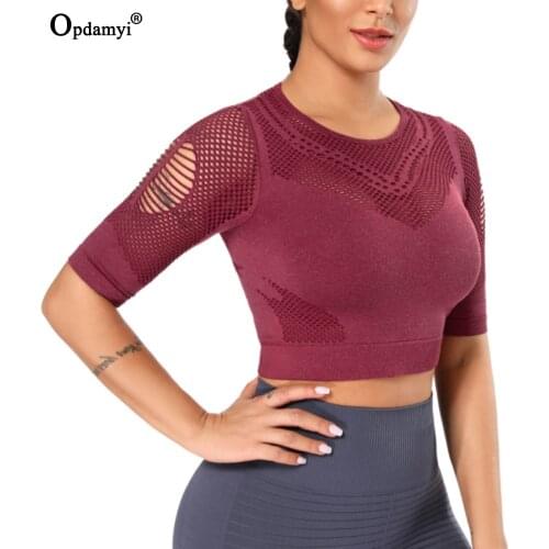 Summer Cropped Top Women Running Sport Shirts Short Sleeves Blouses Fitness Clothes Gym Workout T-Shirts Mesh Seamless Yoga Wear