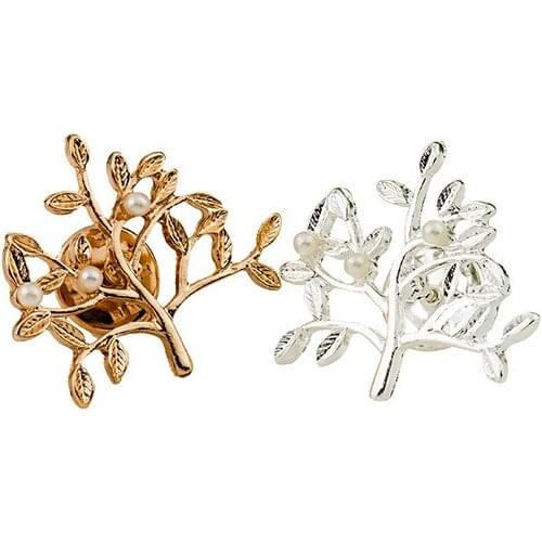 A Branch of Tree Small Simulated Pearl Fruit Golden Silver Plated Leaf Women Brooches