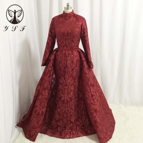 Vintage Burgundy Vestidos De Fieata High Collar Bling Bling Long Sleeve Mermaid Evening Dresses with Overksirt 2018