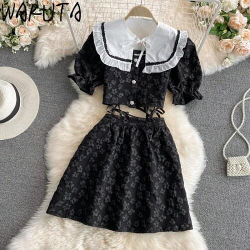 WAKUTA Vintage Peter Pan Neck Crop Tops+high Waist Mini Skirts 2 Piece Set Women Summer 2021 Slim Sweet Lace Up Suits Elegant