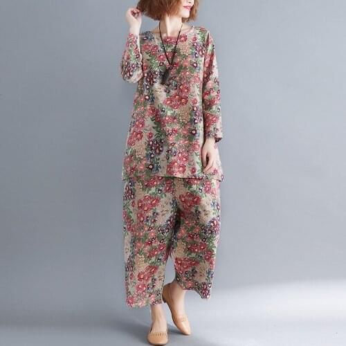 Plus Size Womens Spring Summer New floral Long-Sleeve Two-Piece Suit Print Literary Vintage Loose O-Neck Pullover