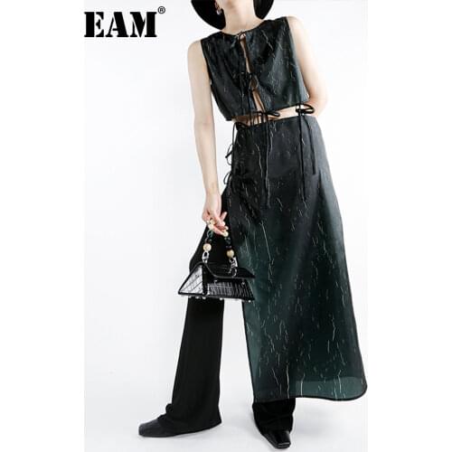 [EAM] Women Black Green Long Hollow Out Dress New Round Neck Sleeveless Loose Fit Fashion Tide Spring Summer 2021 1DD9743