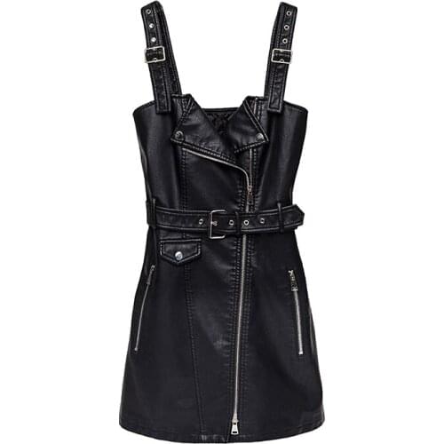 2019 PU Leather Gothic Black Short Bodycon Dress Women Adjustable Suspender Buckle Belt Streetwear Punk Rock Mini Dresses