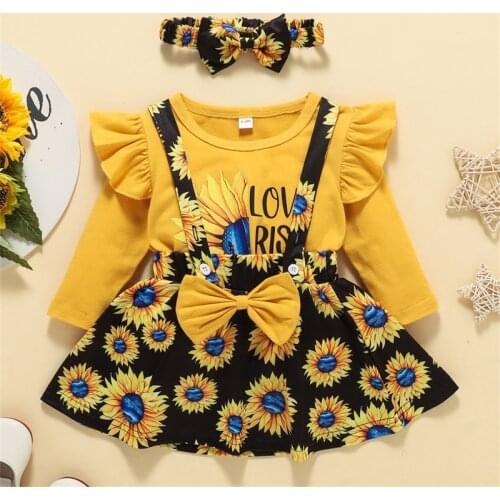 2PCS Kids Girls Dress Autumn Sets Ruffles Sleeve Top and Flower Printing Children Skirt Suits