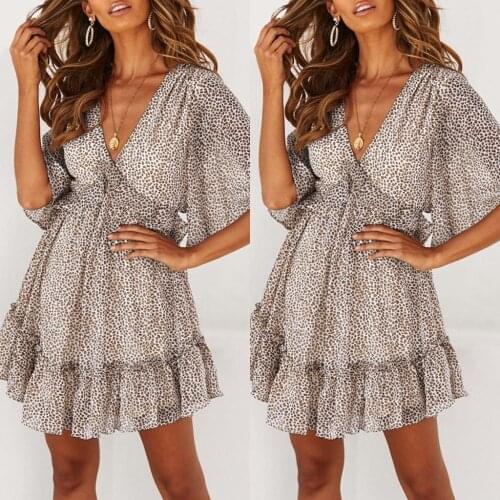 40# Women Dresses Summer Womens Sexy Sleeveless Leopard V Neck Split Ruffle Boho Daily Beach Mini Dress Vestidos Dropshipping