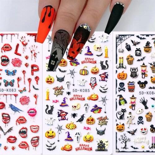 5pcs 5D Three-Dimensional Embossed Textured Halloween Nail Stickers Halloween Elements Self-Adhesive Nail Stickers DIY Nail Art