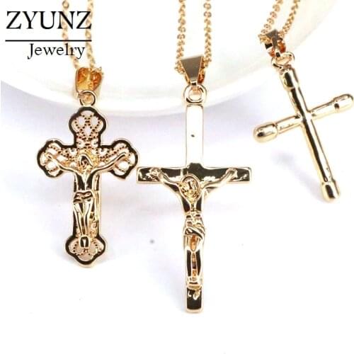 5PCS, New Christian Crucifix Jesus Necklace Cross Prayer Big Pendant Gold Color Crucifix Cross Necklace Men Jewelry