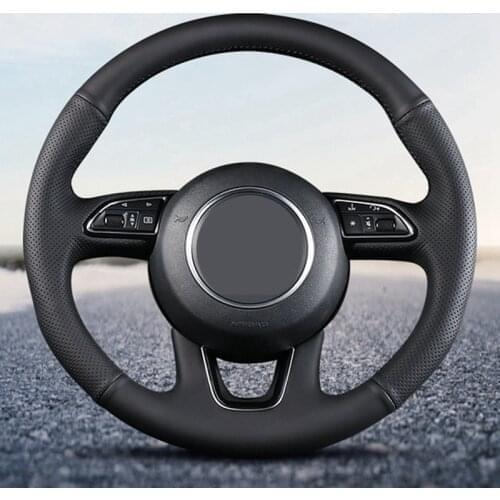 Black Genuine Leather Soft DIY Hand-Stitched Car Steering Wheel Cover For Audi Q3 2013-2018 Q5 2013-2017 Q7 2012-2015