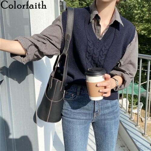 Colorfaith 2020 New Autumn Winter Women Sweaters Sleeveless Vest Minimalist England Style Knitting Wild Lady Short Tops SWV8159