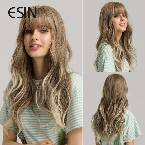 ESIN Grey and Brown Ombre to Blonde Long Water Wave Wigs with Bangs Daily Natural Wig for Women Heat Resistant Synthetic Hair