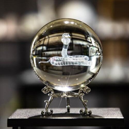 H&D 3D Laser Etched Snake Sphere Figurines 80mm Crystal Ball Paperweight Art Glass Fengshui Home Office Decor Crafts Collections