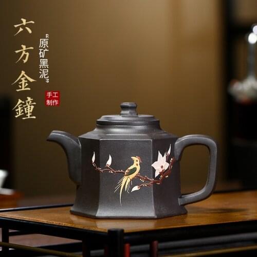 Chinese Exquisite Teapot Six Square Golden Bell Pot Yixing Zisha Famous Handmade Black Clay Tea Kettle Kung Fu Teaware Gift