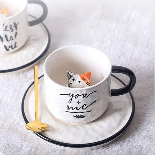 Cat Coffee Mug Ceramic Cup with Saucer Porcelain Tea Milk Container Drinkware