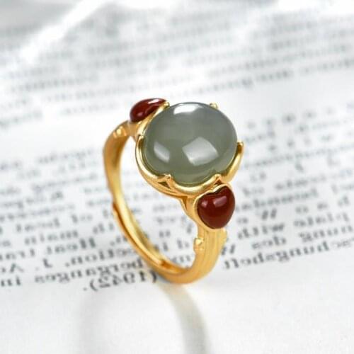 Natural Hetian Jade Gray Jade Ring Graceful Personality Love South Red Ring Original National Style Ornament for Women
