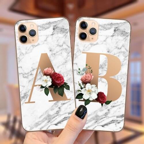 Floral Alphabet Letter A to Z Marble Phone Case For iPhone 11 12 Pro XS MAX X XR 6S 7 8 Plus SE 2020 12Mini Soft Silicone Cover