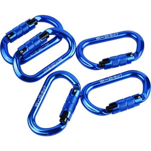 PACK 5 Rock Climbing Auto Locking Carabiner Oval Shape Heavy Duty 25KN Aluminum Blue Mountaineering Rescue Gear