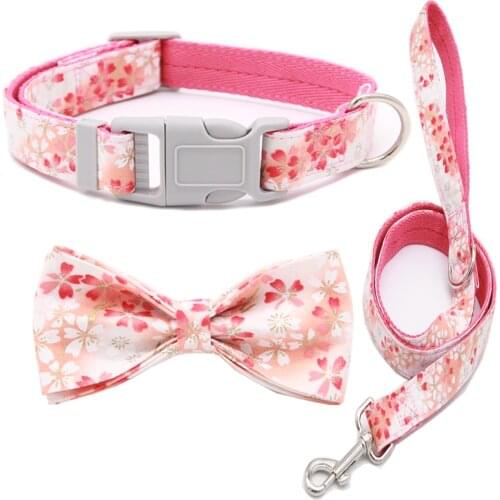 Nylon Dog Collar And Leash Set Adjustable With Printed Cute Bow Fashion Printed Adjustable Pet Collars For Medium Large Dogs