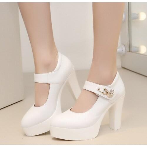 2019 new high-heeled shoes womens thick with round head waterproof platform white catwalk T model shoes