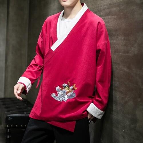 2021 Autumn Chinese Style Clothes Mens Wear Cotton Linen Embroidery Hanfu Tang Jacket Large Size Loose Traditional Clothing top