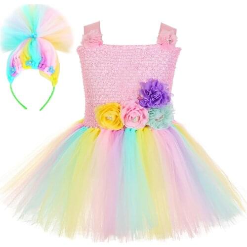 Pastel Flowers Trolls Poppy Tutu Dress Princess Girls Halloween Cosplay Costume for Kids Carnaval Birthday Party Fancy Dresses
