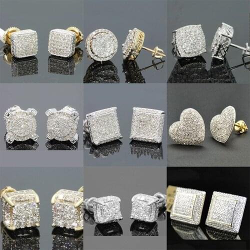 Hip Hop Geometry Square Iced Out Bling Stud Earrings Gold Micro Pave Cubic Zircon Stud Earring for Men & Women Fashion Jewelry
