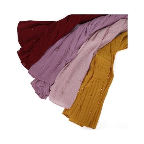 Fashion Crinkle Bubble Chiffon Hijabs Scarf With Beads Plain Shawls Muslim Pashmina Headscarf Wraps Headband 1PC Retail