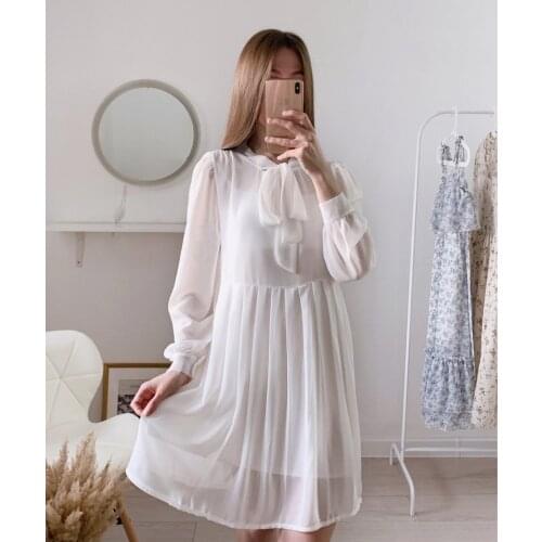 Chiffon Long-sleeved Bow Collar Dress 2021 Spring/autumn Dress Korean Version of The Loose Pleated Skirt