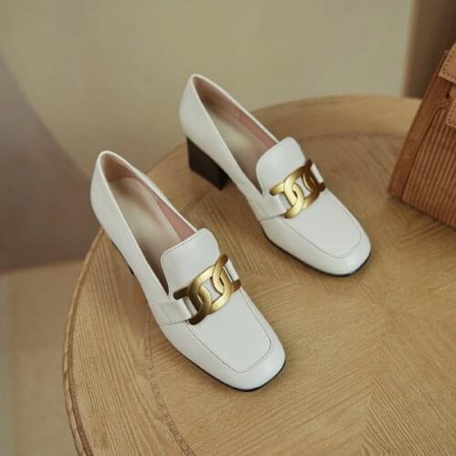 ROYESIC 2021 womens shoes, high heels, retro, thick heel, metal decoration, natural cow leather, handmade