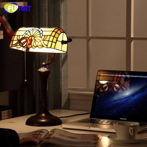 FUMAT Vintage Bank Table Lamp Stained Glass Table Lamps For Living Room Bedside Lightings Creative Art Shade Bar Table Lights