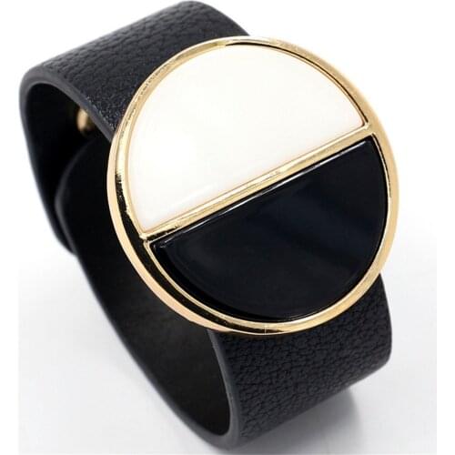 Geometric Black White Circle Fashion Wide Chain Link Brown Fashion Cuff Bangle Leather Bracelets Women Female Jewelry