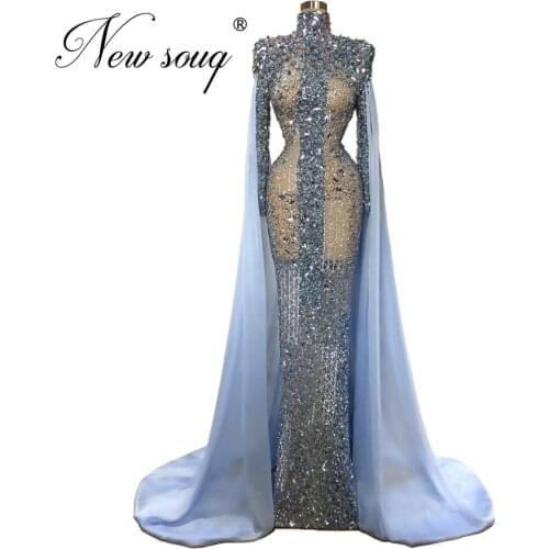 Custom Sheer Blue Beading Prom Dress Abendkleider Mermaid Long Evening Dresses Women Dubai Gown Formal Islamic Kaftans 2020 New