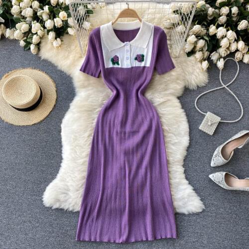 Summer Vintage Embroidery Purple Knit Long Dress Womens Short Sleeve Contrast Color POLO Collar Slim Mid-Length Knitting Dresses