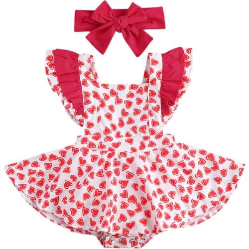 2021 0-24M Infant Baby Girl Sweet Romper Dress Heart Print Ruffle Short Sleeve Summer Tutu Playsuit Dress+Bow Headband 2pcs