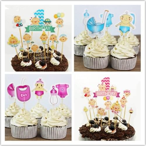 24pc Baby Shower Cupcake Toppers Boy Girl Christening Blue Birthday Party Decorations Kids its girl cake topper Party Supplies-S