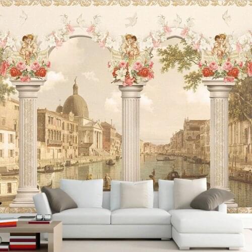 3D Wallpaper European Style 3D Roman Column Oil Painting Building Angel Photo Wall Murals Living Room TV Sofa Retro Wallpaper 3D