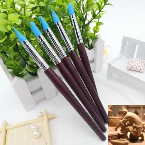 5pcs Wood Handle Silicone Rubber Clay Shaper Sculpture Tools Soft Pottery Clay Tool Nail Art Tools Fondant Shapeing Pen Bursh